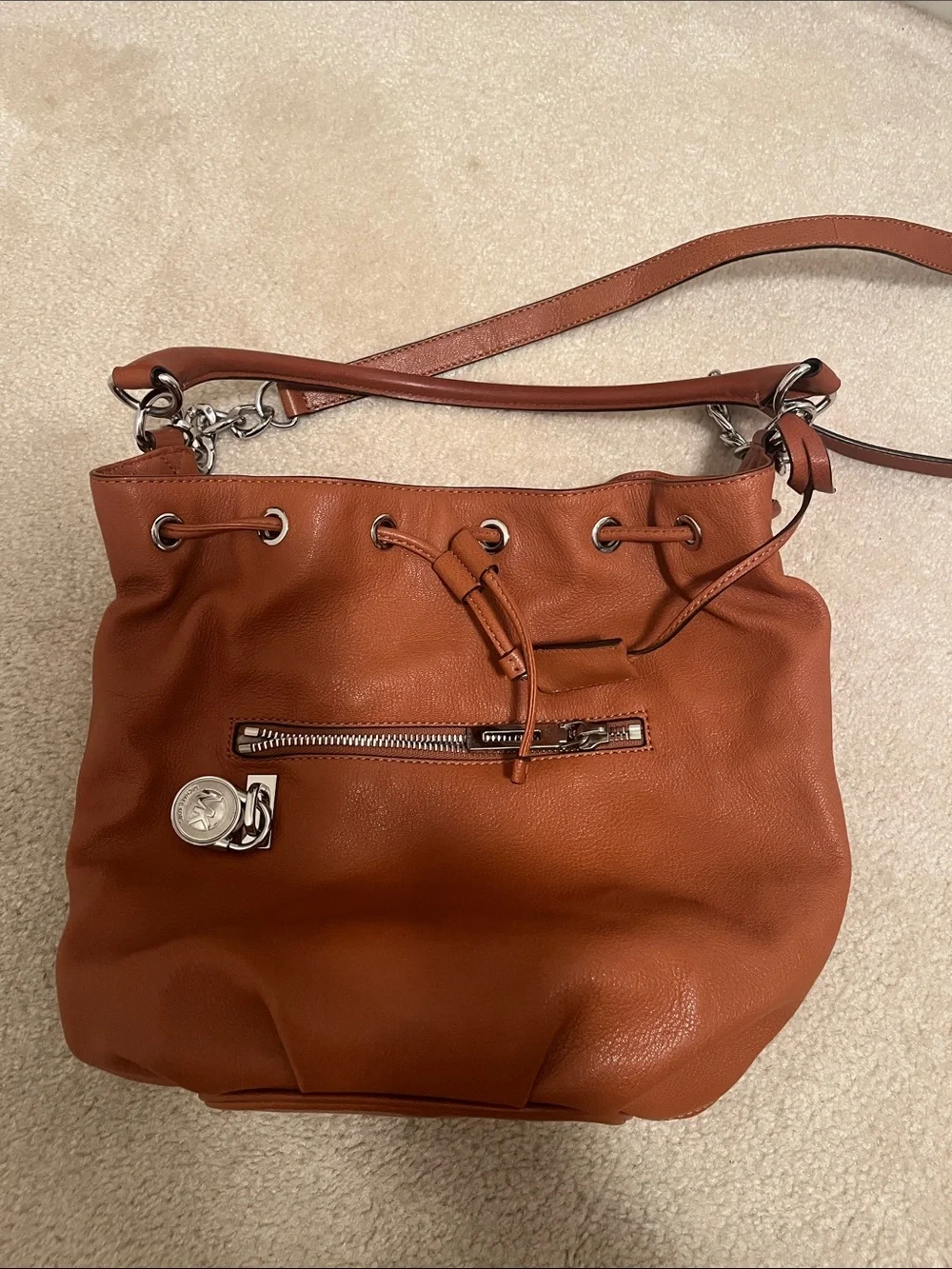 Michael Michael Kors Leather Drawstring Shoulder Bag in Cognac